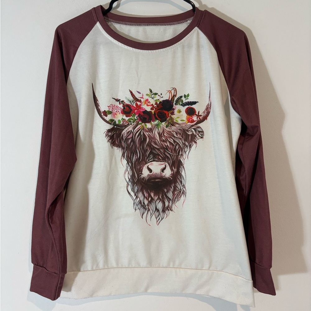 Women’s Medium Long Sleeve Shirt/Thin Sweat Shirt Western Cow Boho Casual Raglan